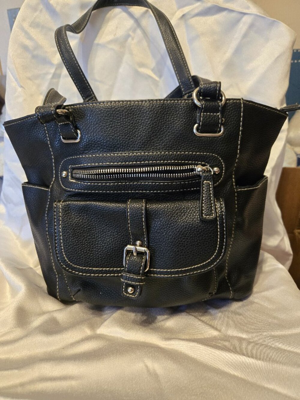 Grace Adele Black Faux Leather Tote Handbag – Multiple Pockets – Silver Hardware